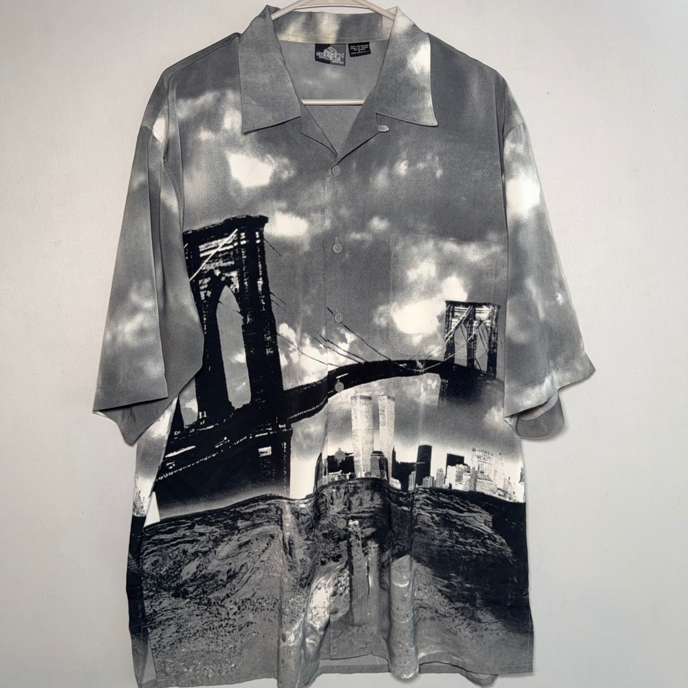 Y2K Southpole Button Shirt Mens L Grey NYC Skyline Twin Towers Streetwear Mono